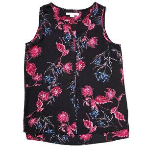 C&E tank top blouse women S black red blue floral keyhole neck sleeveless dressy